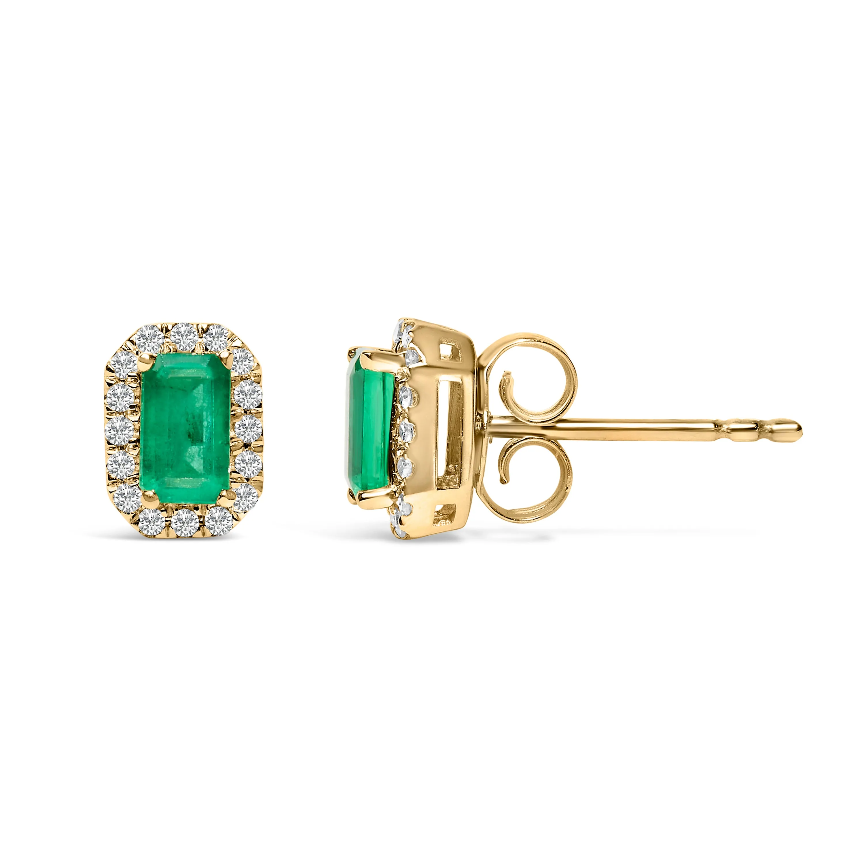 10K Yellow Gold 5x3mm Emerald-Cut Green Emerald and 1/7 Cttw Diamond Halo Octagonal Stud Earrings