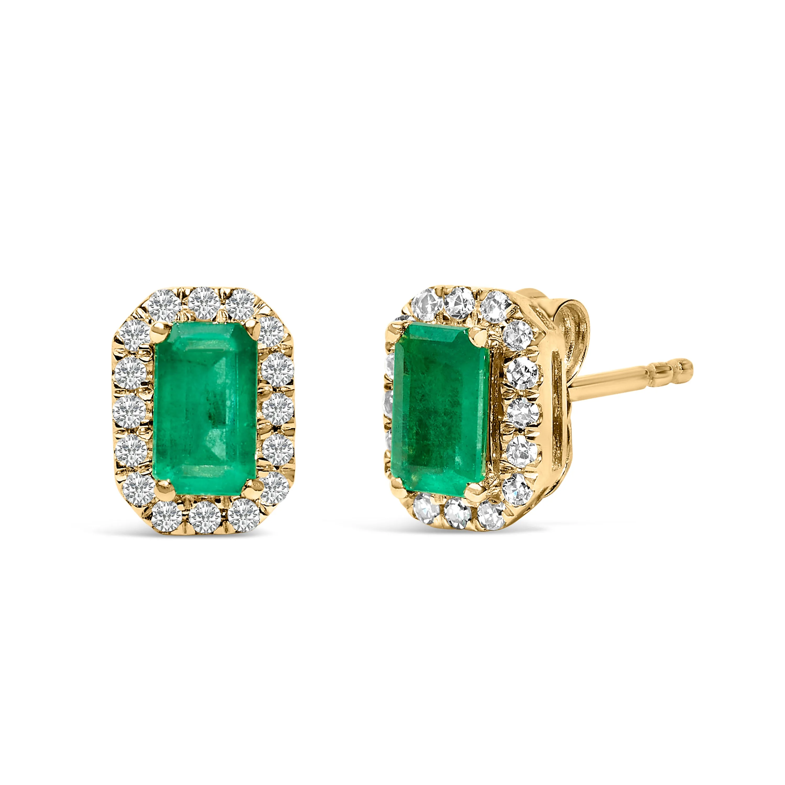 10K Yellow Gold 5x3mm Emerald-Cut Green Emerald and 1/7 Cttw Diamond Halo Octagonal Stud Earrings