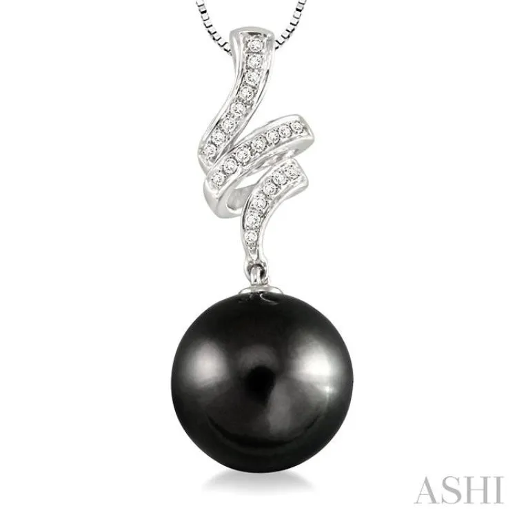 10x10MM Black Cultured Pearl and 1/8 Ctw Round Cut Diamond Pendant in 14K White Gold with Chain