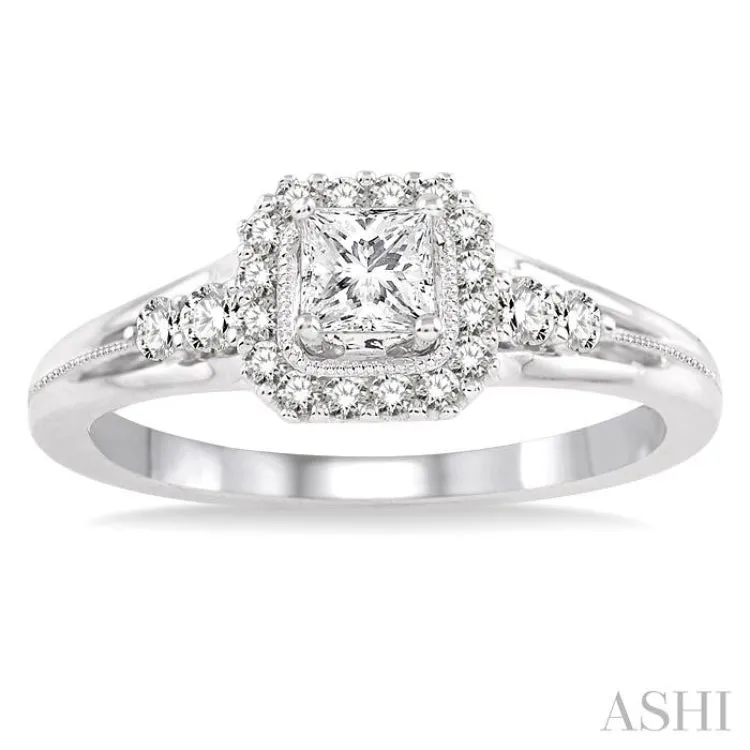 1/2 Ctw Diamond Engagement Ring with 1/4 Ct Princess Cut Center Stone in 14K White Gold