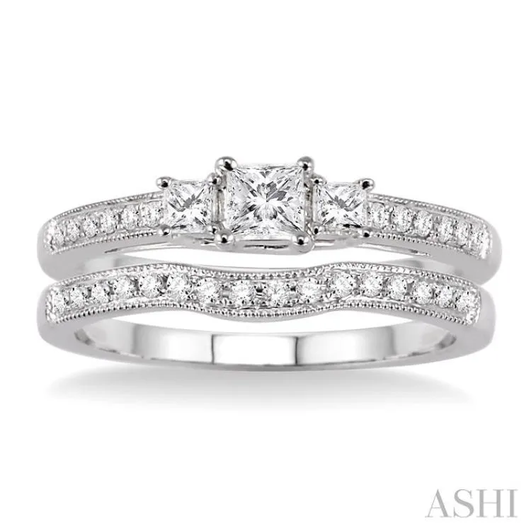 1/2 Ctw Diamond Wedding Set with 3/8 Ctw Princess Cut Engagement Ring and 1/10 Ctw Wedding Band in 14K White Gold