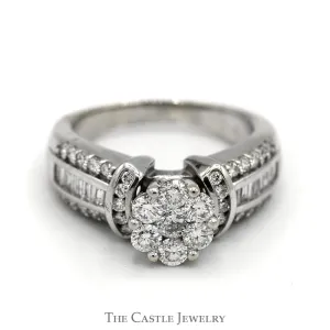 1.25cttw Round Diamond Cluster Ring with Accented Sides in 14k White Gold