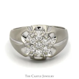 1/2cttw 7 Diamond Cluster Ring in Ridged Designed Brushed 10k White Gold Mounting