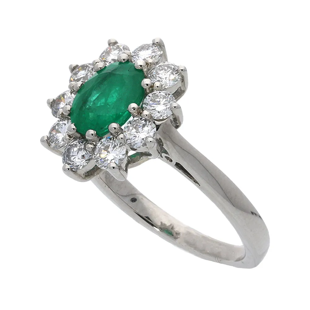 18ct White Gold Emerald with Diamond Cluster