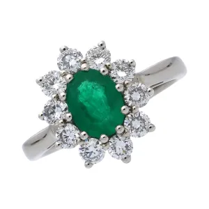 18ct White Gold Emerald with Diamond Cluster