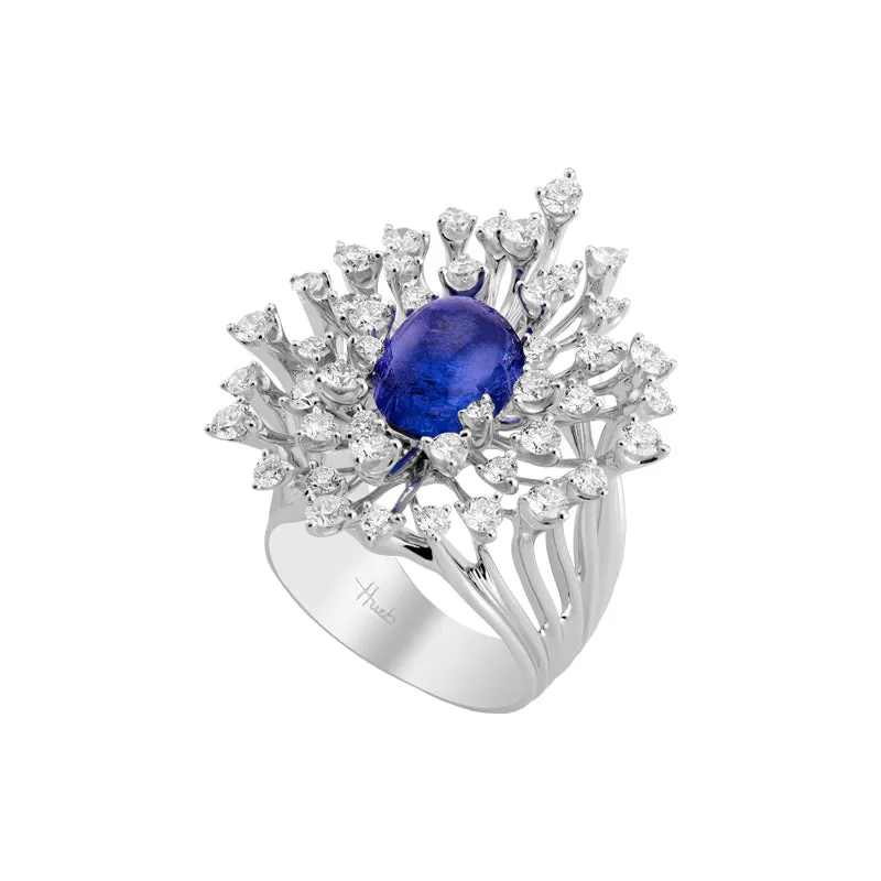 18k Luminus White Gold Ring With 2.08 Cts Vs-Gh Diamonds  And Tanzanite