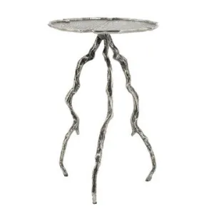 24 Inch Accent Table, Aluminum Metal Branch Tripod Legs, Antique Silver By Casagear Home