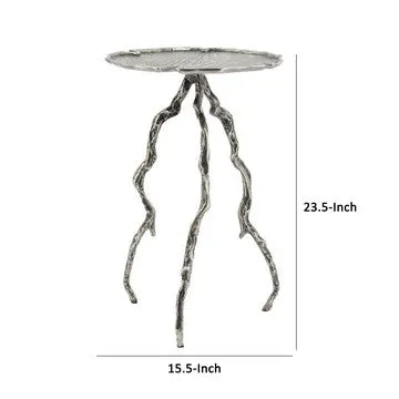 24 Inch Accent Table, Aluminum Metal Branch Tripod Legs, Antique Silver By Casagear Home