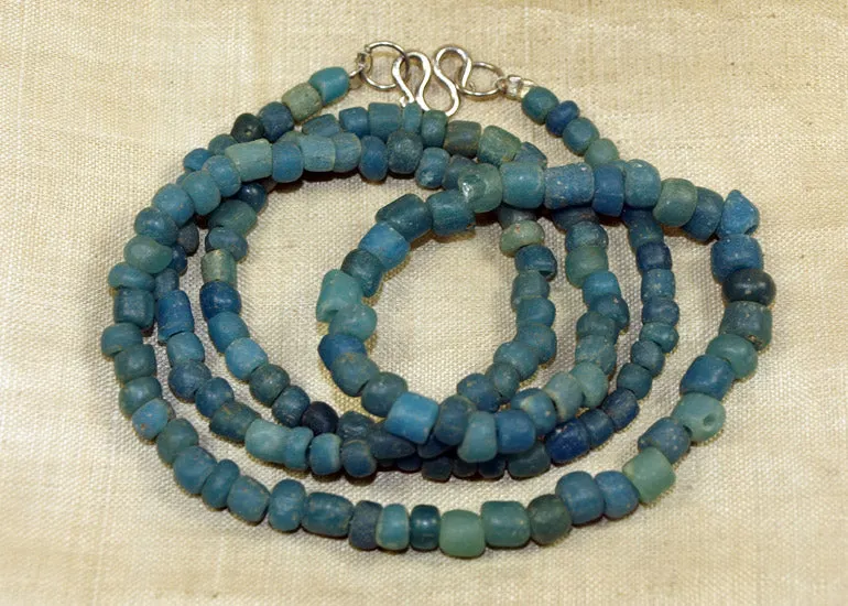 24" Necklace of Ancient Cambodian Glass Beads, Sea Blue