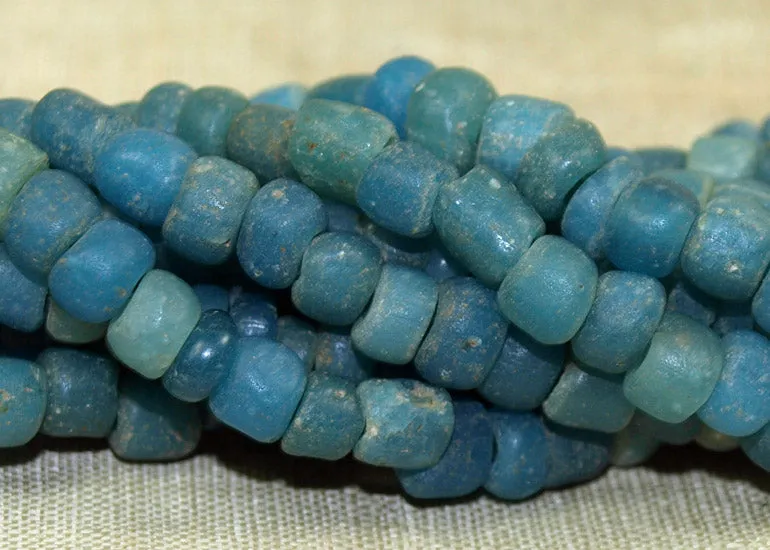 24" Necklace of Ancient Cambodian Glass Beads, Sea Blue