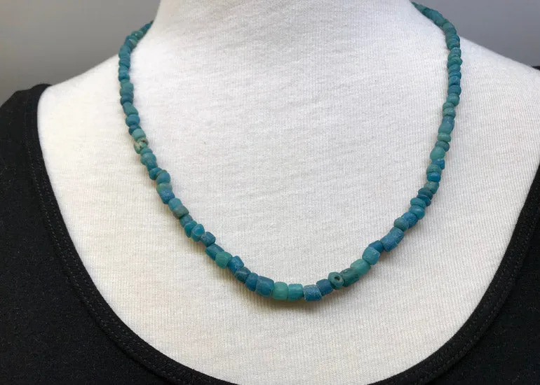 24" Necklace of Ancient Cambodian Glass Beads, Sea Blue