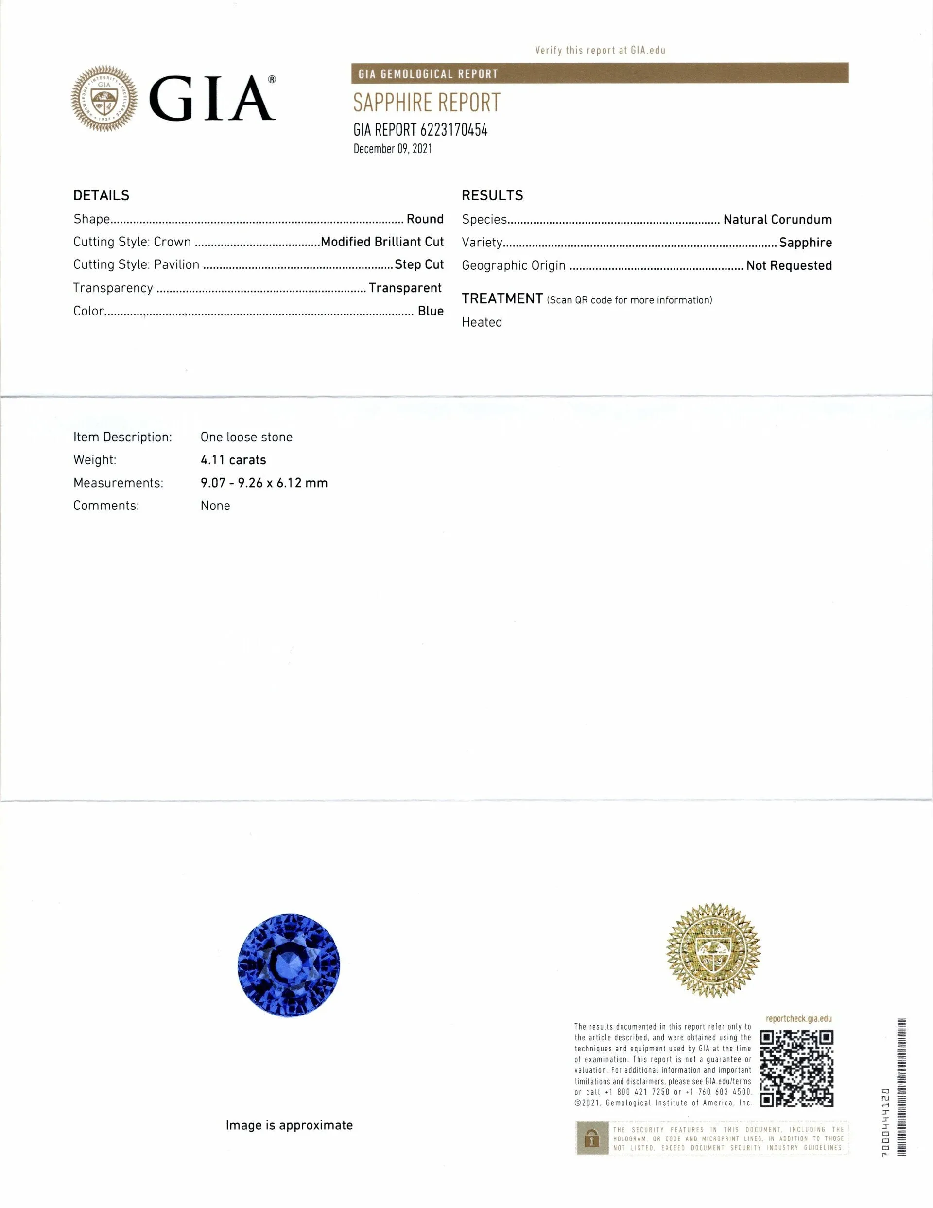 4.11ct GIA CERTIFIED SAPPHIRE ROUND CUT NATURAL LOOSE RICH BLUE EARTH MINED 4ct