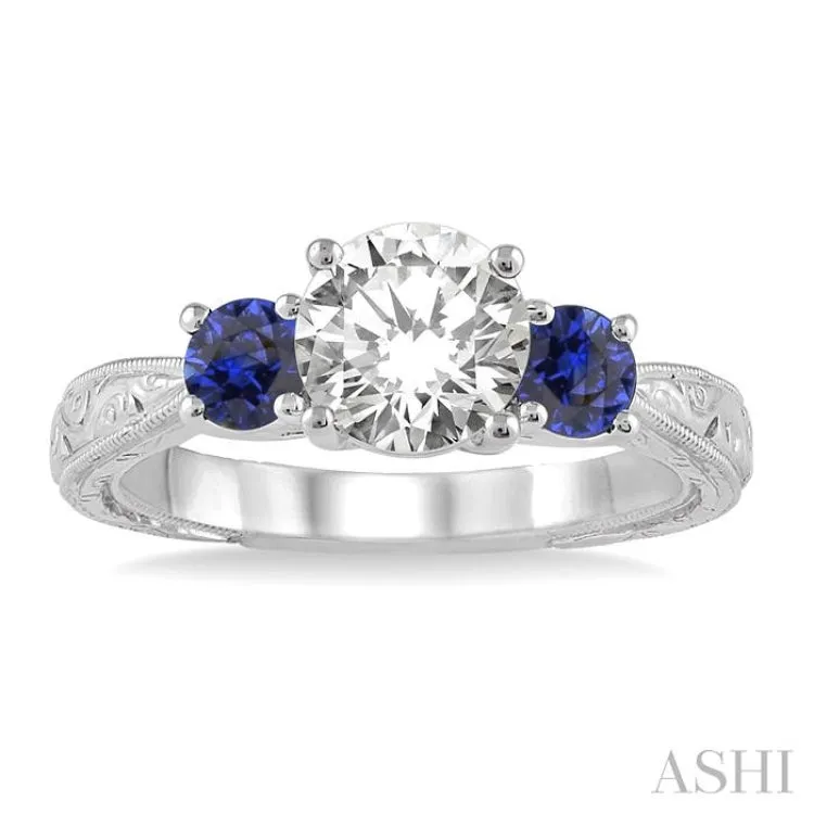 4x4MM Round Cut Sapphire and 1/50 Ctw Diamond Semi-Mount Engagement Ring in 14K White Gold