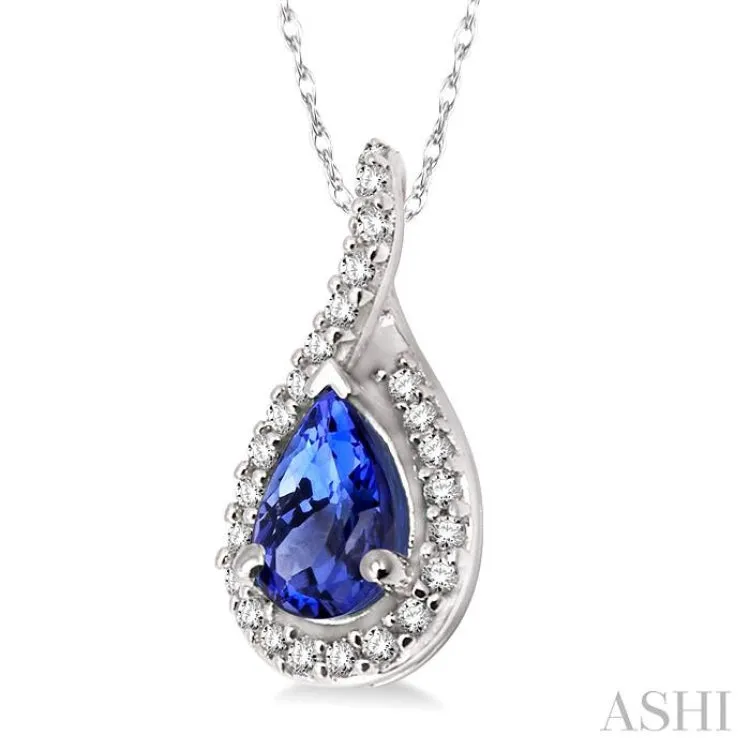 6x4 MM Pear Shape Tanzanite and 1/10 Ctw Round Cut Diamond Pendant in 14K White Gold with Chain