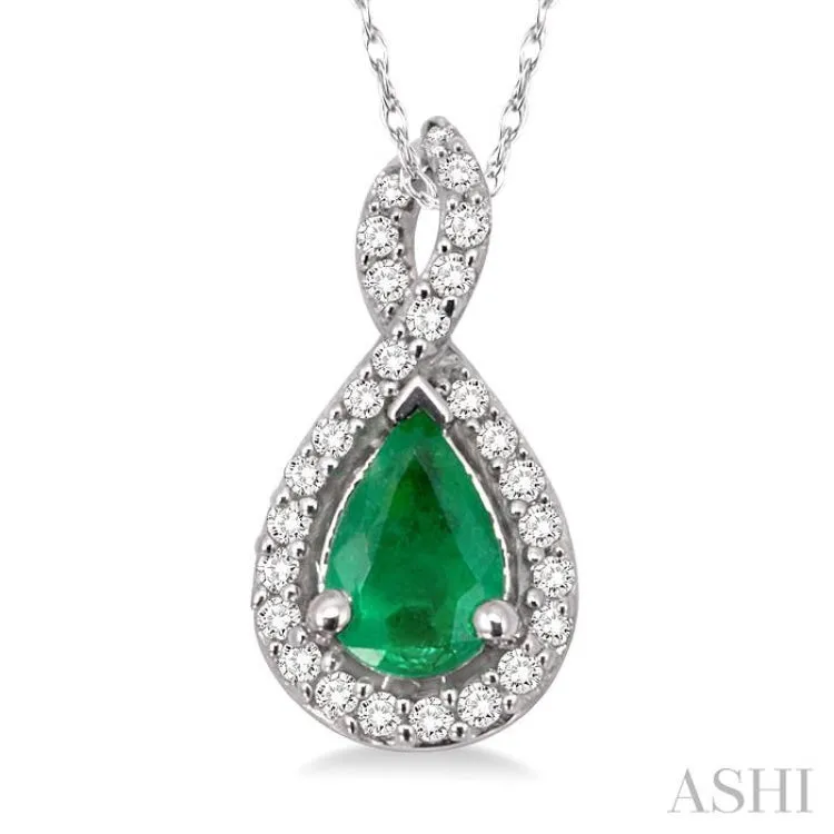 6x4MM Pear Shape Emerald and 1/10 Ctw Round Cut Diamond Pendant in 14K White Gold with Chain