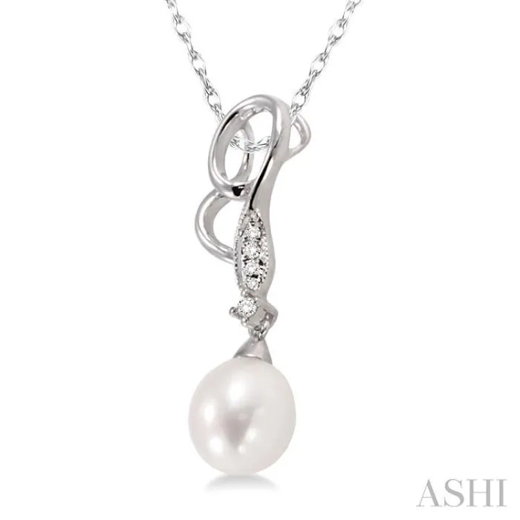 9x7mm Briolette Cut Cultured Pearl and 1/20 Ctw Round Cut Diamond Drop Pendant in 10K White Gold with Chain