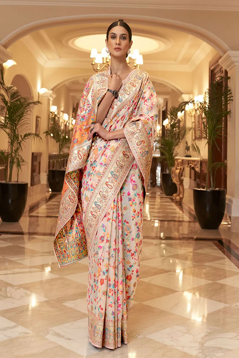 Adorning Beige Pashmina saree With Nectarous Blouse Piece