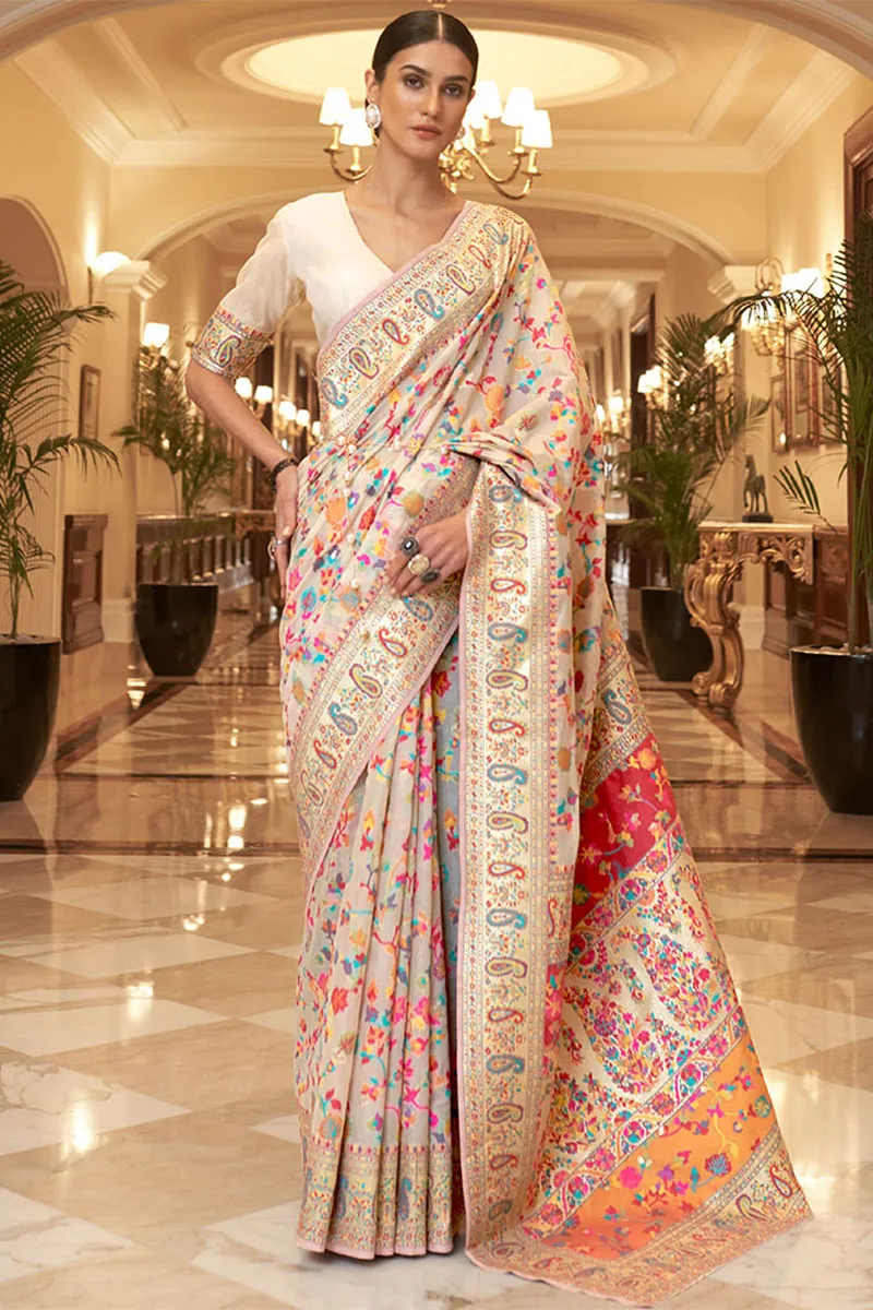 Adorning Beige Pashmina saree With Nectarous Blouse Piece