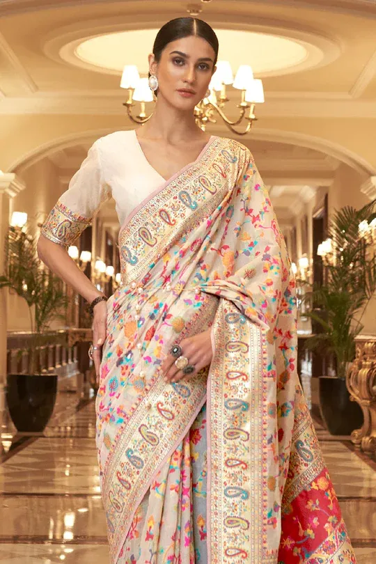 Adorning Beige Pashmina saree With Nectarous Blouse Piece