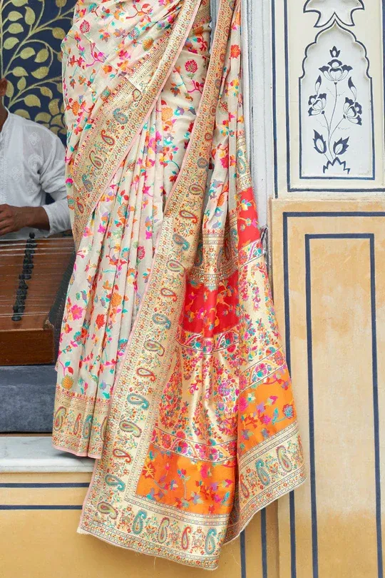 Adorning Beige Pashmina saree With Nectarous Blouse Piece