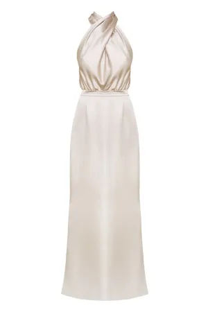 ALIUR CHAMPAGNE HALTER NECK EVENING DRESS