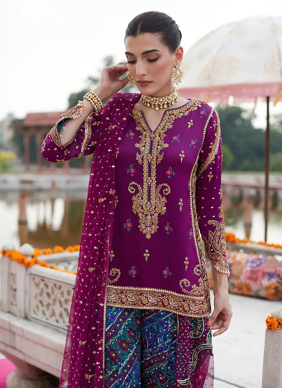 Alizeh Mehndi Aubergine short shirt and dhaakha