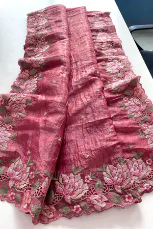 Alluring Pink Embroidery Work Crush Silk Saree With Resplendent Blouse Piece