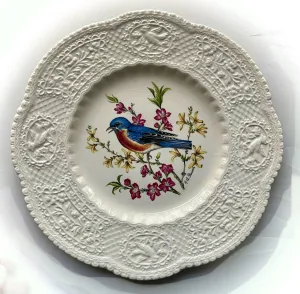 Antique Artist Signed Flowers 🌸 & 🐦 Bird Eastern Bluebird Plate Relief Border