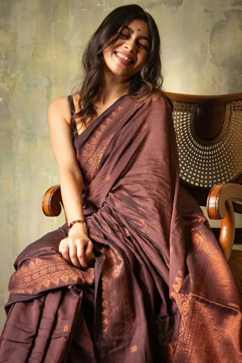 Artistic Brown Soft Silk Saree With Resplendent Blouse Piece