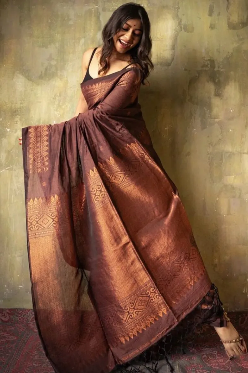 Artistic Brown Soft Silk Saree With Resplendent Blouse Piece