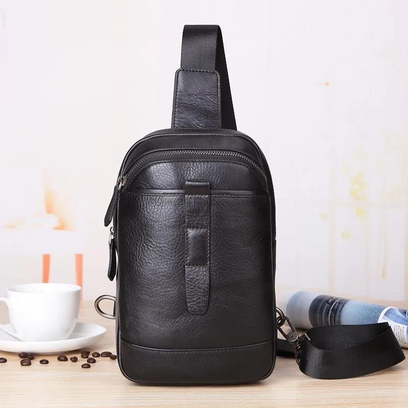 Badass Black Leather Men's 8-inch Trendy Sling Bag Chest Bag One shoulder Backpack Sports Bag For Men