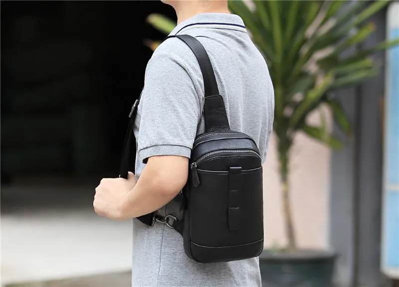 Badass Black Leather Men's 8-inch Trendy Sling Bag Chest Bag One shoulder Backpack Sports Bag For Men