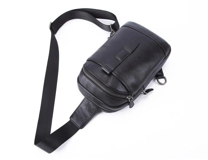 Badass Black Leather Men's 8-inch Trendy Sling Bag Chest Bag One shoulder Backpack Sports Bag For Men