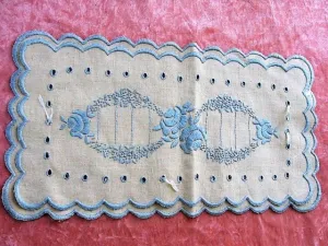 BEAUTIFUL Antique Arts and Crafts Pin Cushion Cover Hat Pin Display Pillow Skillfully Embroidered in Blue Vintage Wedding Collectible