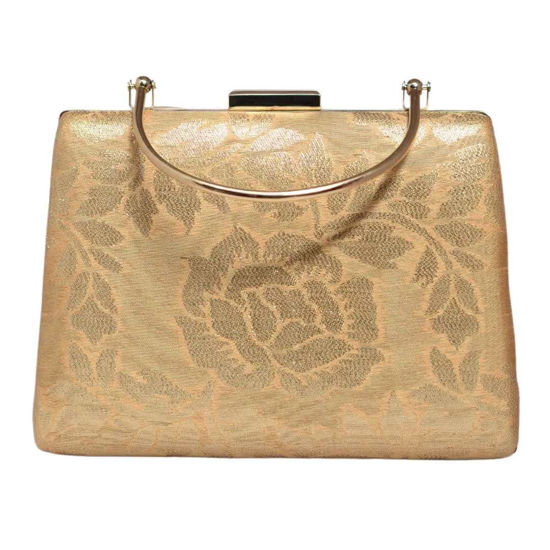 Beige And Golden Brocade Fabric Clutch