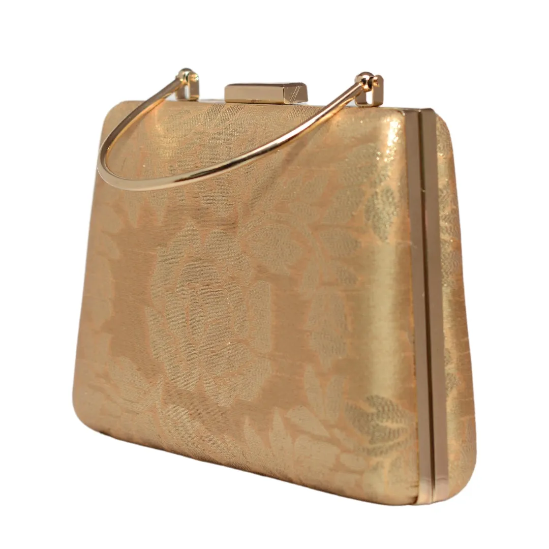 Beige And Golden Brocade Fabric Clutch