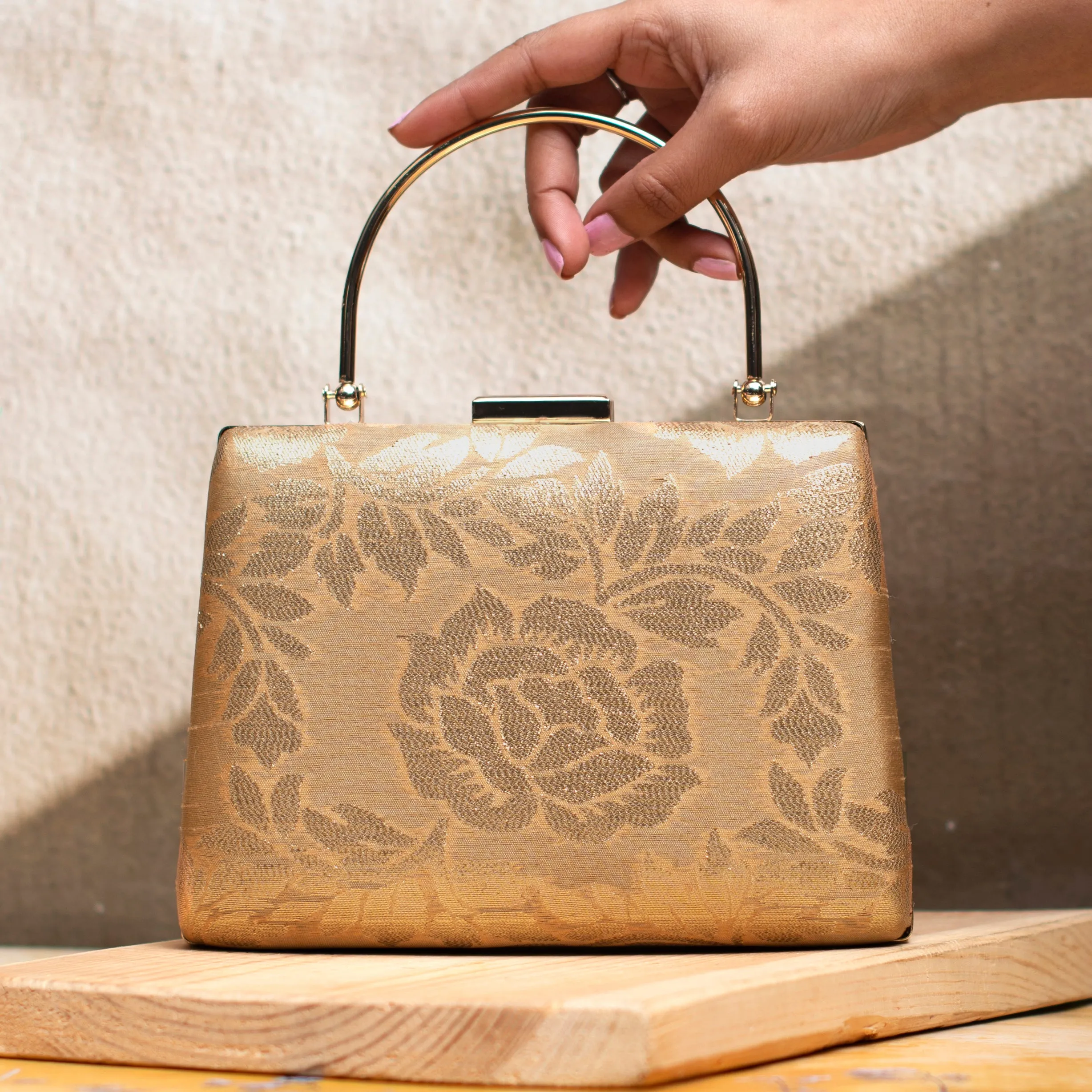 Beige And Golden Brocade Fabric Clutch