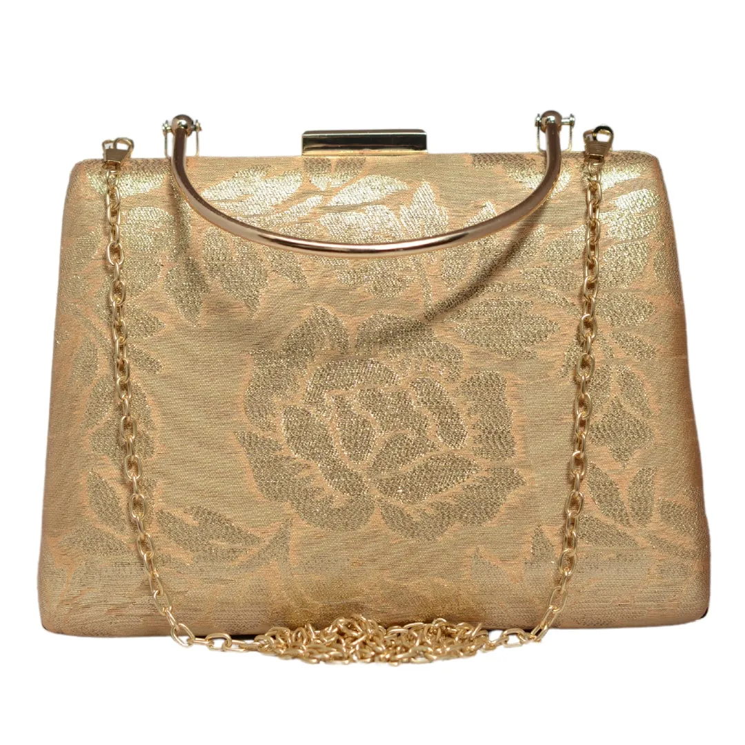 Beige And Golden Brocade Fabric Clutch