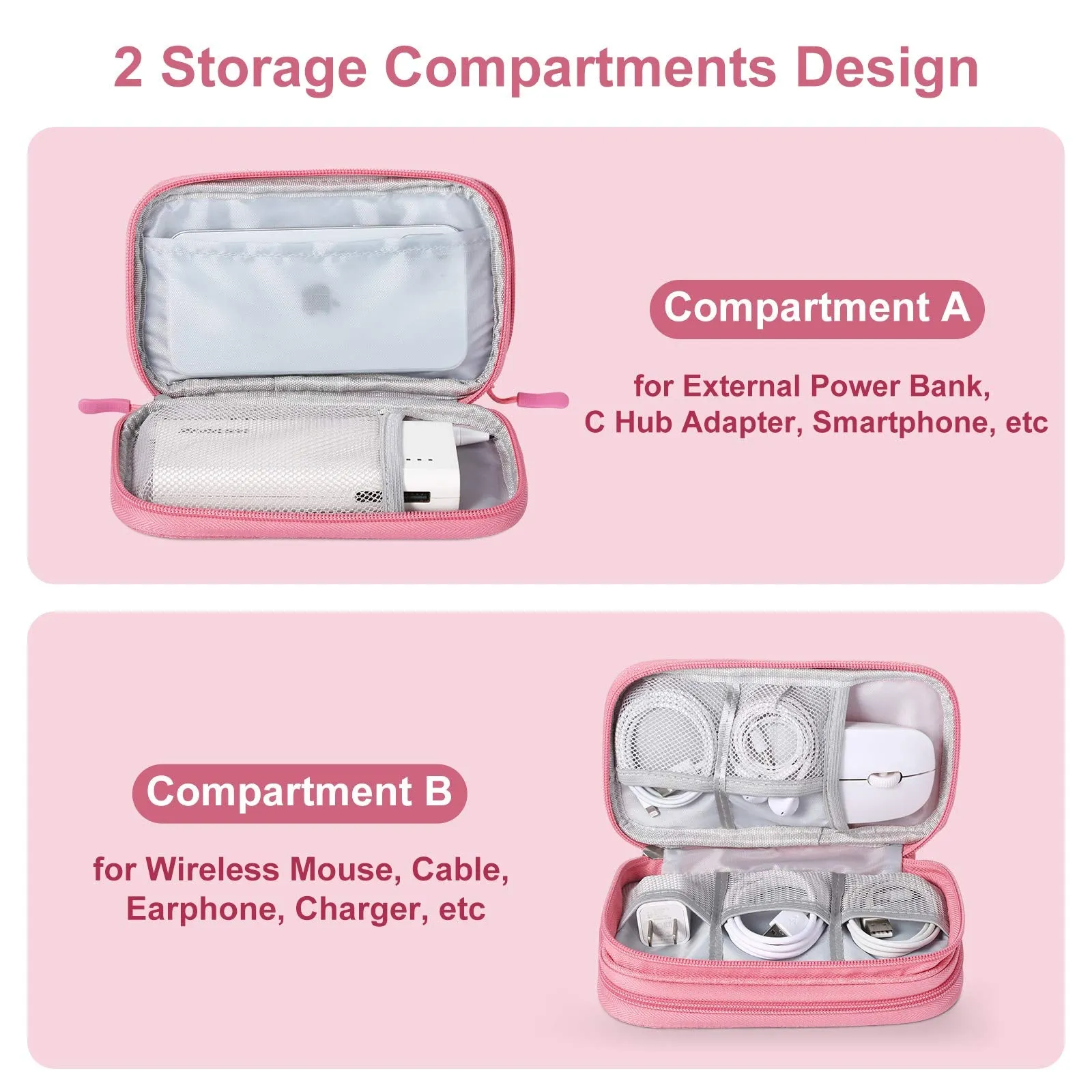 Bevegekos Travel Essentials for Women, Cord Organizer Storage Case Bag for Airplane Accessories & Tech Electronics (Small, Pink)