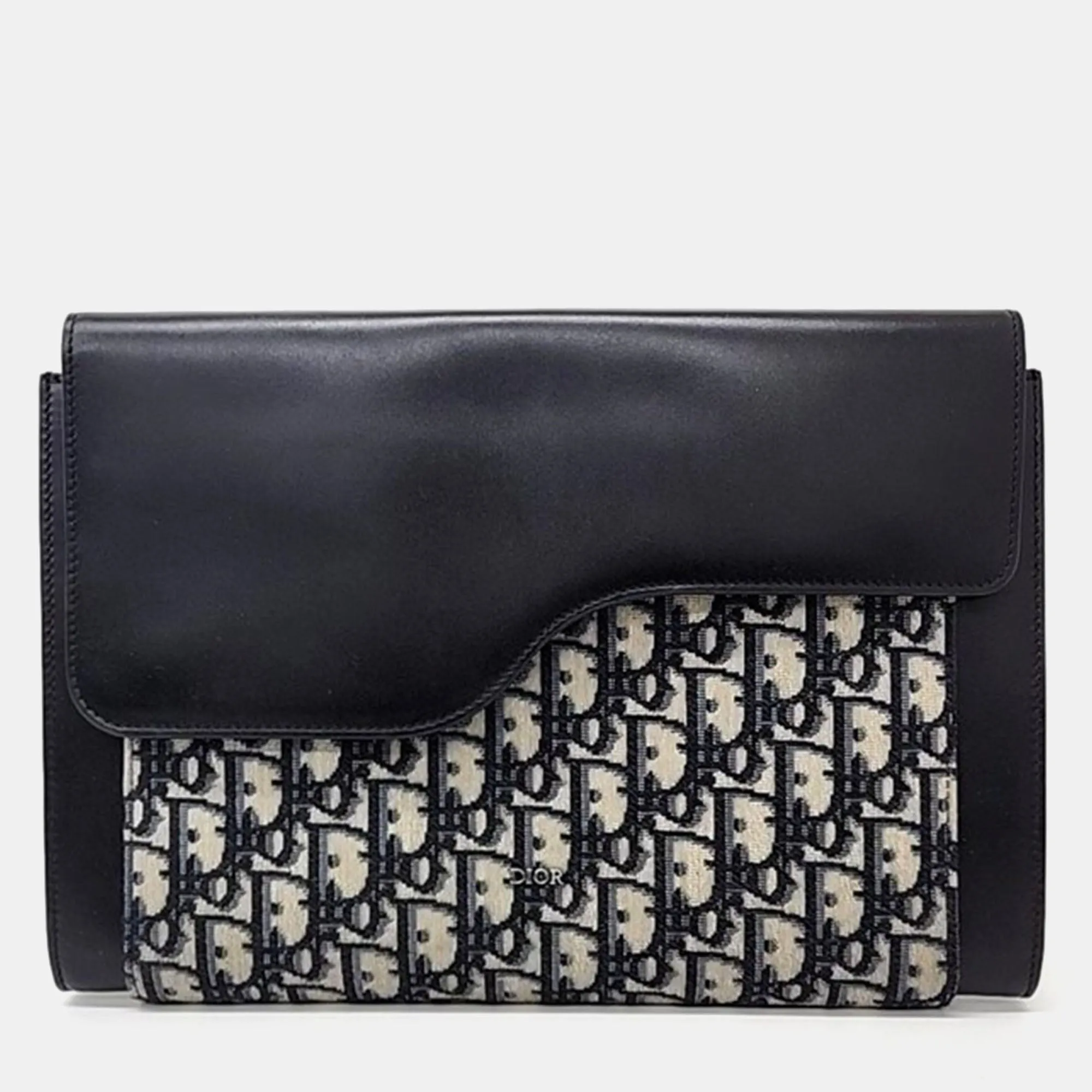 Black Jacquard Canvas and Leather Saddle Clutch Bag