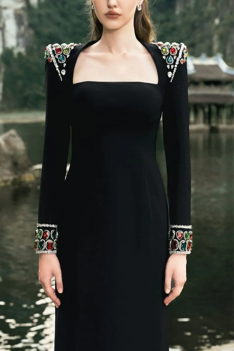 BLACK LONG SLEEVE STONE EMBELLISHED SHOULDER DRESS