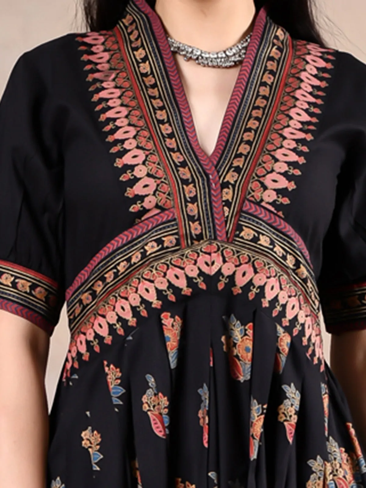 Black Viscose Printed V Neck Gathered Dress