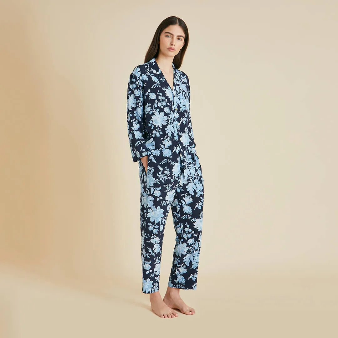 Casablanca Alcides Blue Floral Pajamas in Silk Crêpe de Chine