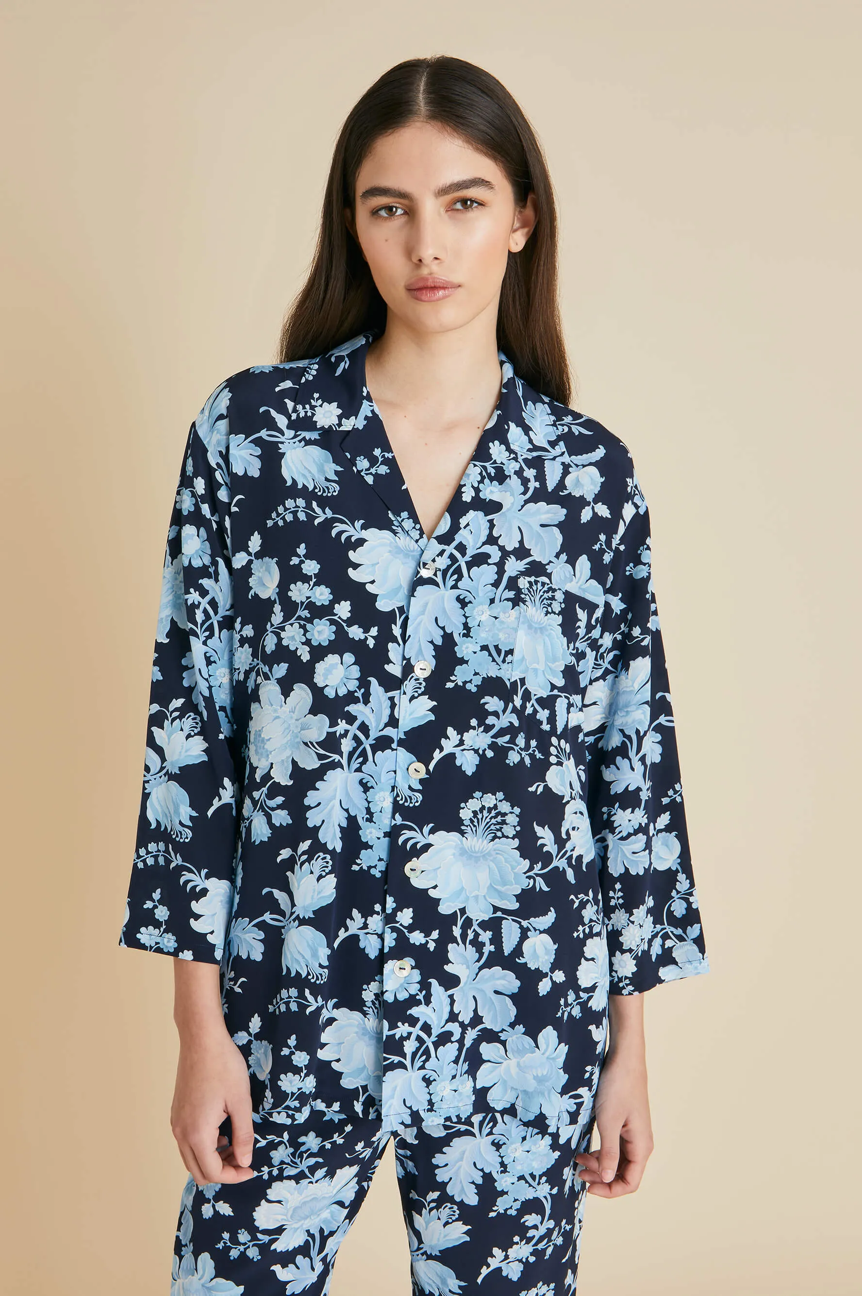 Casablanca Alcides Blue Floral Pajamas in Silk Crêpe de Chine