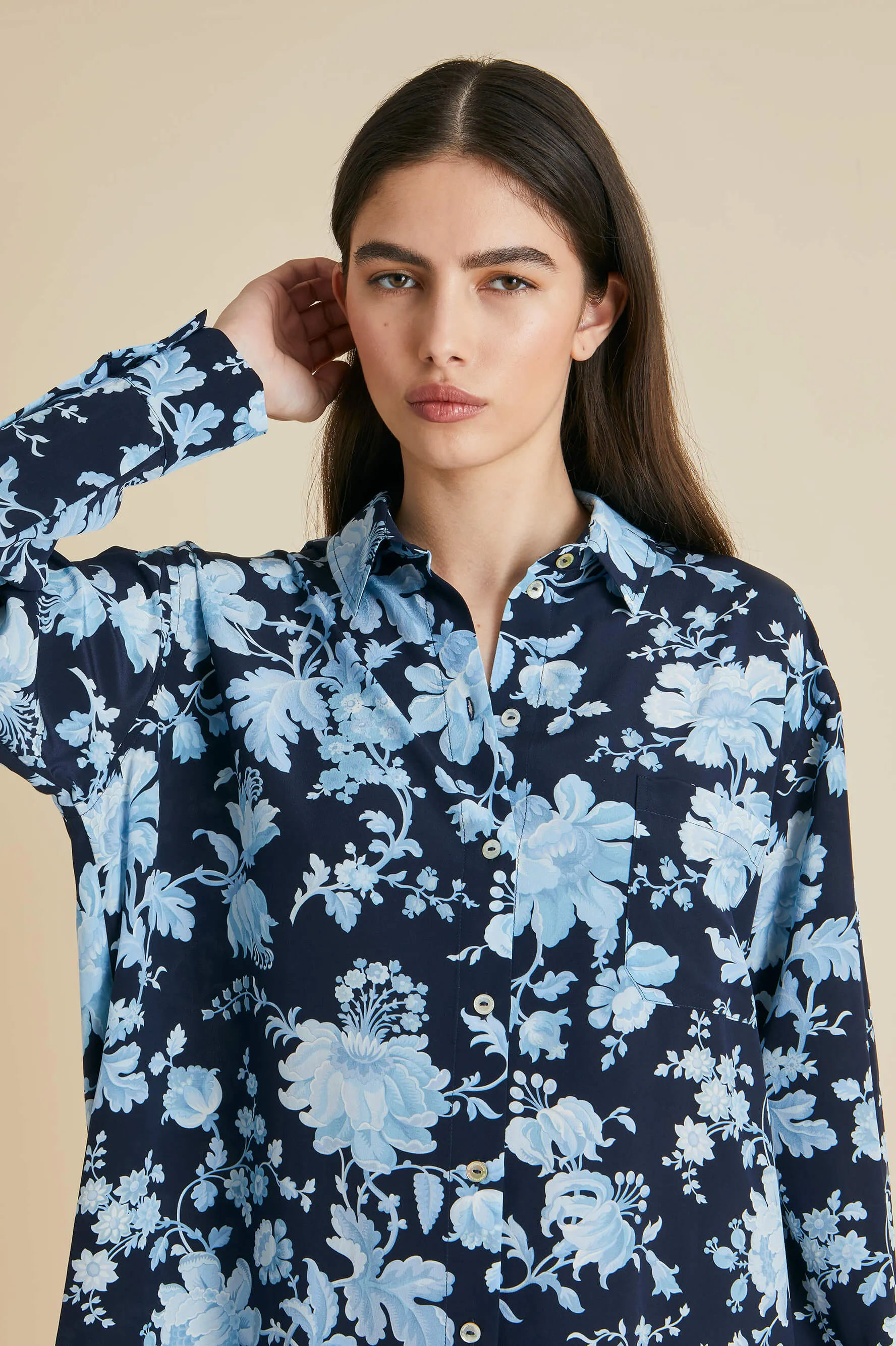 Celeste Alcides Blue Floral Nightshirt in Silk Crêpe de Chine