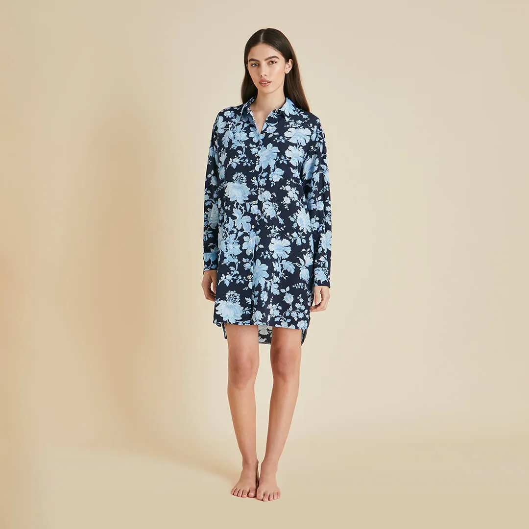 Celeste Alcides Blue Floral Nightshirt in Silk Crêpe de Chine