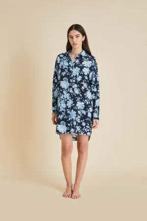 Celeste Alcides Blue Floral Nightshirt in Silk Crêpe de Chine