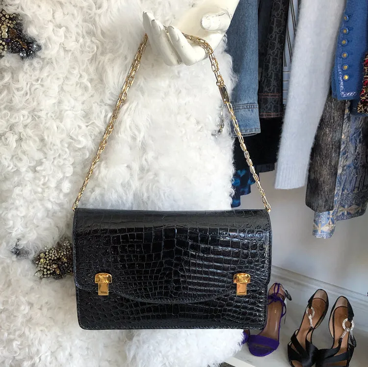 Celine Vintage 1980’s Black Crocodile Box Shoulder Bag