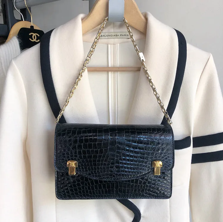 Celine Vintage 1980’s Black Crocodile Box Shoulder Bag