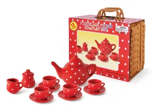 Ceramic Tea Set in Basket Red Polka Dot